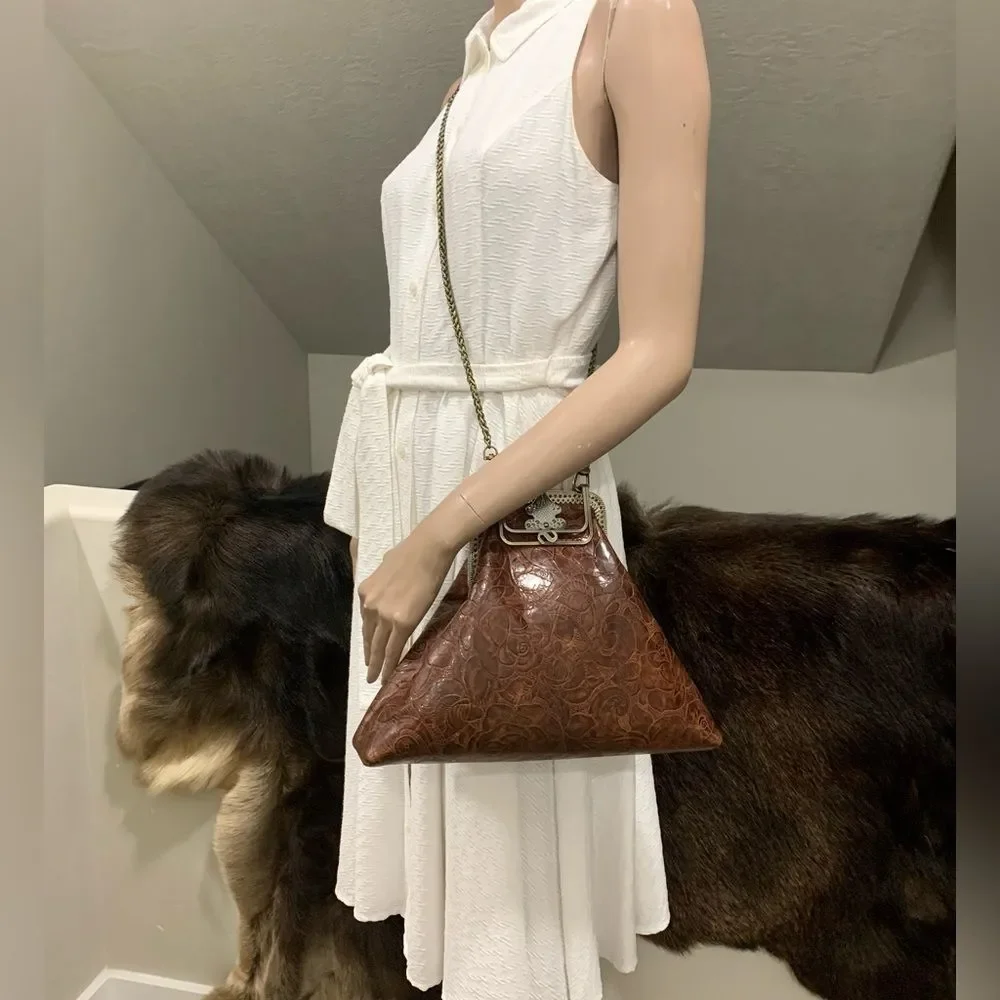 Brown Floral-Embossed Leather Shoulder Bag with Chain Handle